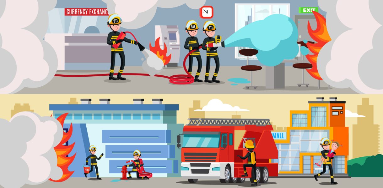 Rescue Service Colorful Horizontal Banners Rescue service colorful horizontal banners with firefighters extinguishing fire in bank office and building outside vector illustration